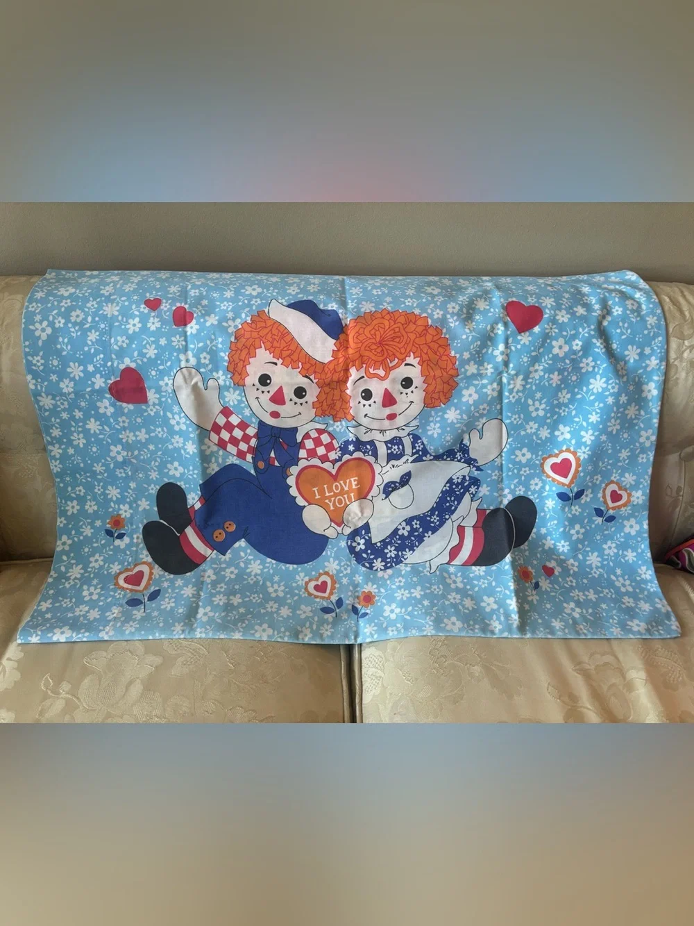 Vintage Raggedy Ann & Andy I Love You Pillowcase 30”x21”Bobbs-Merrill Co